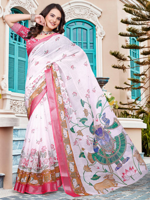 Tasrika Digital Print Chinnalapattu Cotton Linen Saree(White)