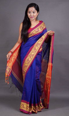 ANU INDIAN FASHION Woven, Temple Border Handloom Cotton Silk Saree(Blue)
