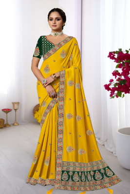 Anjani Textile Embroidered, Embellished Bollywood Silk Blend Saree(Yellow)