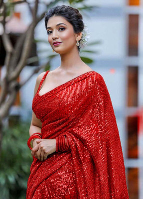 KalyaniTextile Embroidered, Embellished Bollywood Georgette Saree(Red)