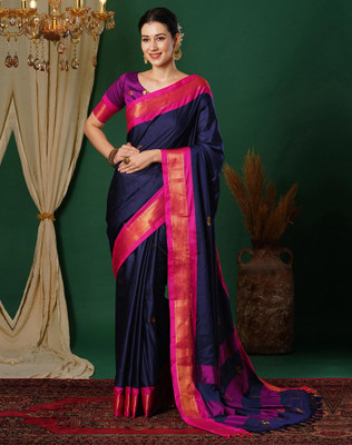 Tasrika Woven, Embellished Banarasi Jacquard, Silk Blend Saree(Dark Blue, Pink)