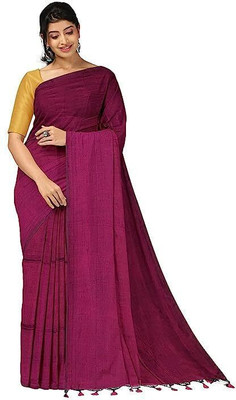 zayraa Solid/Plain Handloom Cotton Blend Saree(Maroon)