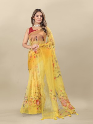 Kimisha Printed Bollywood Organza Saree(Yellow)