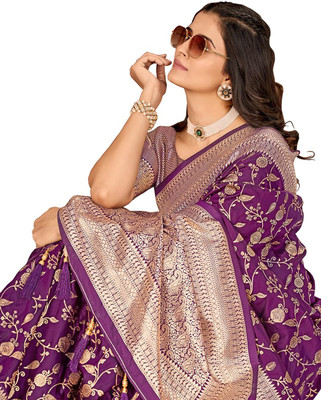 Tasrika Printed Banarasi Pure Silk Saree(Purple)