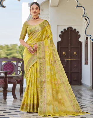 Satrani Woven, Embellished Banarasi Silk Blend Saree(Multicolor, Yellow)