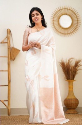 KRIYANSH Woven, Printed, Applique, Embellished Kanjivaram Cotton Blend, Jacquard Saree(White)