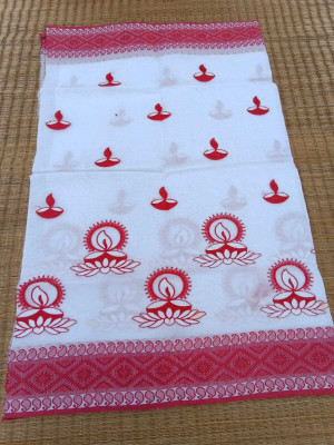 Priyongboda Self Design Jamdani Cotton Blend Saree(White, Red)
