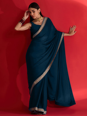 Tasrika Embellished Bollywood Satin Saree(Blue)