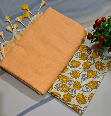 HouseOfCommon Solid/Plain Handloom Cotton Blend Saree(Pack of 2, Cream)