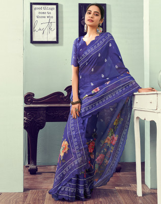 Divastri Floral Print, Printed Kota Doria Cotton Blend Saree(Purple, Multicolor)