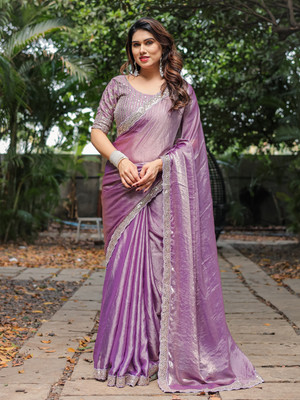 TTH Self Design Bollywood Organza, Chiffon Saree(Purple)