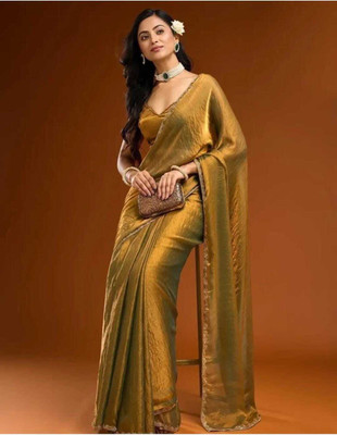 mitva fashion Solid/Plain Bollywood Silk Blend Saree(Gold)