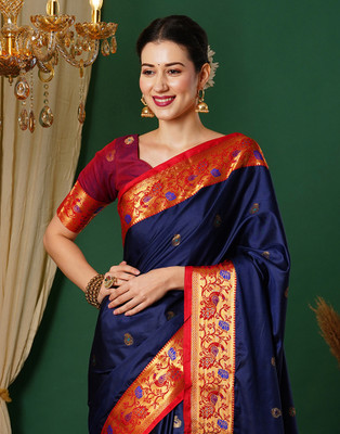 Samah Woven, Embellished, Self Design Paithani Silk Blend, Jacquard Saree(Dark Blue, Red)