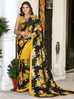AMBUJAINTERNATIONAL Printed Bollywood Georgette Saree(Yellow)