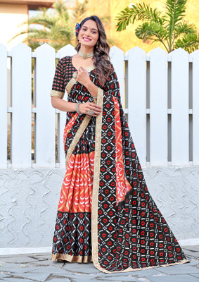Divastri Printed Chanderi Cotton Blend Saree(Black, Orange)