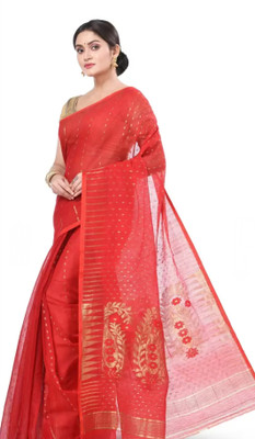 GOURISAREE Self Design Jamdani Cotton Blend Saree(Red)