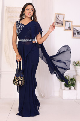 PATLANI STYLE Solid/Plain Pre Draped Saree Georgette Saree(Dark Blue)