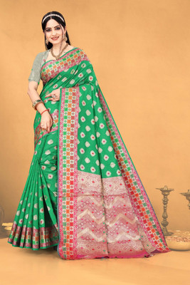 NTC Woven, Self Design Banarasi Silk Blend Saree(Green)