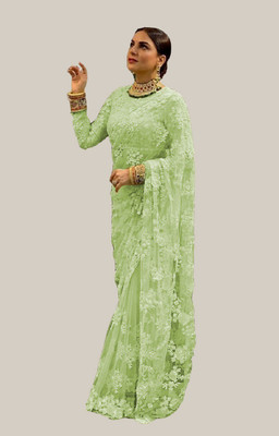 Noise Embroidered Bollywood Net Saree(Light Green)