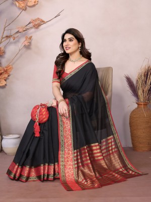 KITKET FASHION Woven Banarasi Cotton Blend Saree(Black)