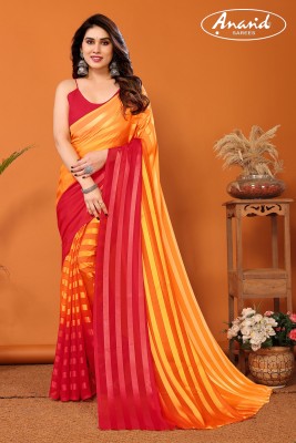 Anand Sarees Ombre, Striped Bollywood Satin Saree(Orange, Red)