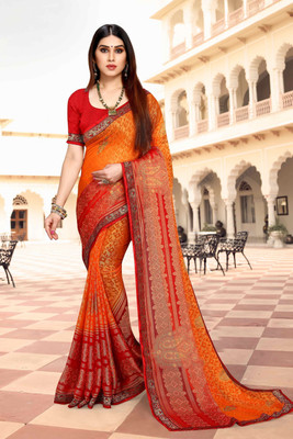 Divastri Printed Bollywood Brasso, Chiffon Saree(Orange)