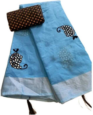 AKT Digital Print Saree with Attached Blouse Cotton Blend Saree(Light Blue)
