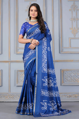 STAVA CREATION Printed Bollywood Cotton Silk Saree(Blue)