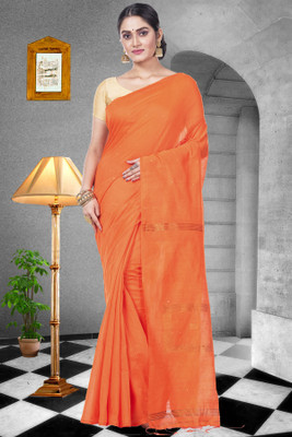 PuJoy Solid/Plain, Woven Handloom Cotton Blend Saree(Orange)