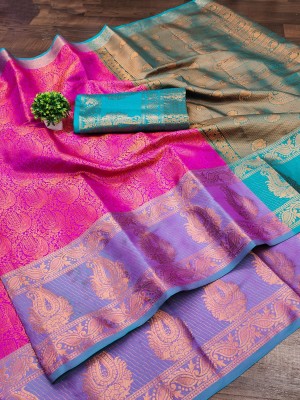 KRIYANSH Self Design, Applique, Woven, Embellished, Temple Border Banarasi Jacquard, Cotton Silk Saree(Pink)