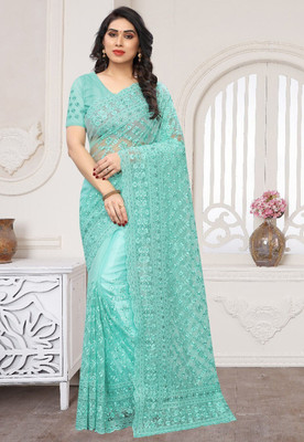 Noise Embroidered Bollywood Net Saree(Light Blue)