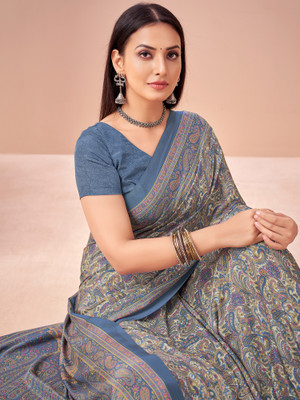 Sareemall Printed Hand Batik Crepe Saree(Light Blue)