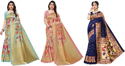 Nirvaan Printed, Woven Mysore Art Silk Saree(Pack of 3, Light Green, Pink, Dark Blue)
