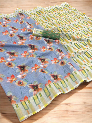 SANJEVAY Printed Assam Silk Linen Saree(Blue)
