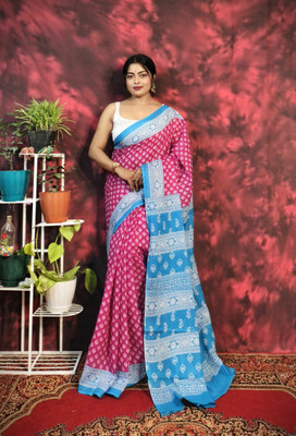 SARATHITEXTILE Color Block Hand Batik Cotton Blend Saree(Pink)
