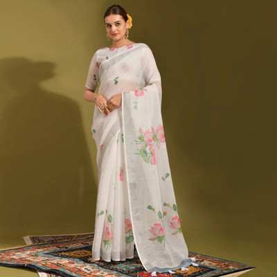 Sixsigma Printed Bollywood Linen Saree(White)