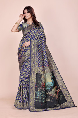 DHAYNAAND REEWA FASHION Woven, Embellished Banarasi Jacquard, Silk Blend Saree(Dark Blue)