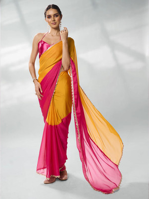 Divastri Embellished, Color Block, Solid/Plain Bollywood Georgette Saree(Pink, Mustard)