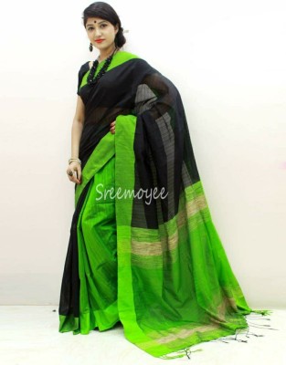 Balika bodhu Self Design Handloom Cotton Silk Saree(Black, Green)