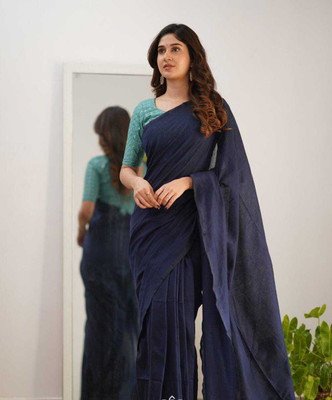 TWIRL Solid/Plain Handloom Pure Cotton Saree(Dark Blue)