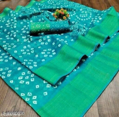 Harshiv Enterprise Printed Bandhani Cotton Blend Saree(Light Blue)