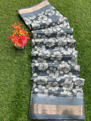 KANDORA Floral Print Bollywood Linen Saree(Grey)