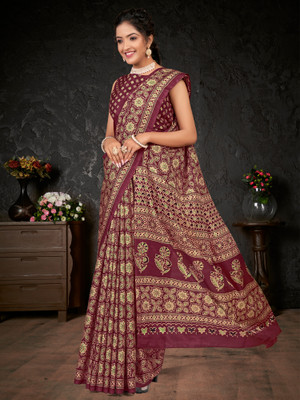 Tasrika Printed Hand Batik Cotton Blend Saree(Maroon)