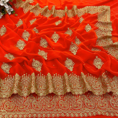 KanjiQueen Embroidered Bollywood Georgette Saree(Orange, Gold)