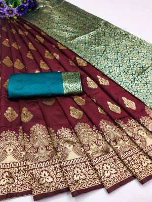 Kanooda Prints Woven Banarasi Jacquard Saree(Multicolor)