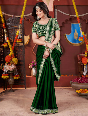 Vivan Fab Embroidered Banarasi Pure Silk, Art Silk Saree(Green)
