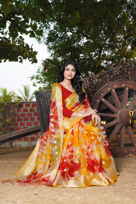 KOTHARI LGF Solid/Plain Bandhani Organza Saree(Red, Yellow)