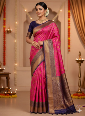 LOKAVANYA Printed Banarasi Cotton Silk Saree(Pink)