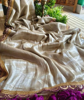 S L SHAREE Solid/Plain Tant Tissue Saree(Silver)