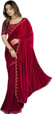 Julee Solid/Plain Bollywood Velvet Saree(Maroon)
